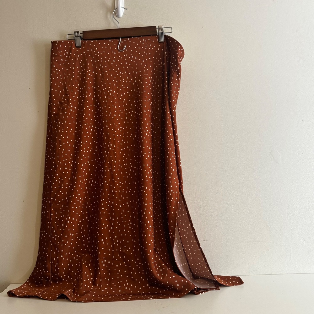 A New Day Women's Sz L Rust Orange Polka Dot Midi Slip Skirt Fall Capsule